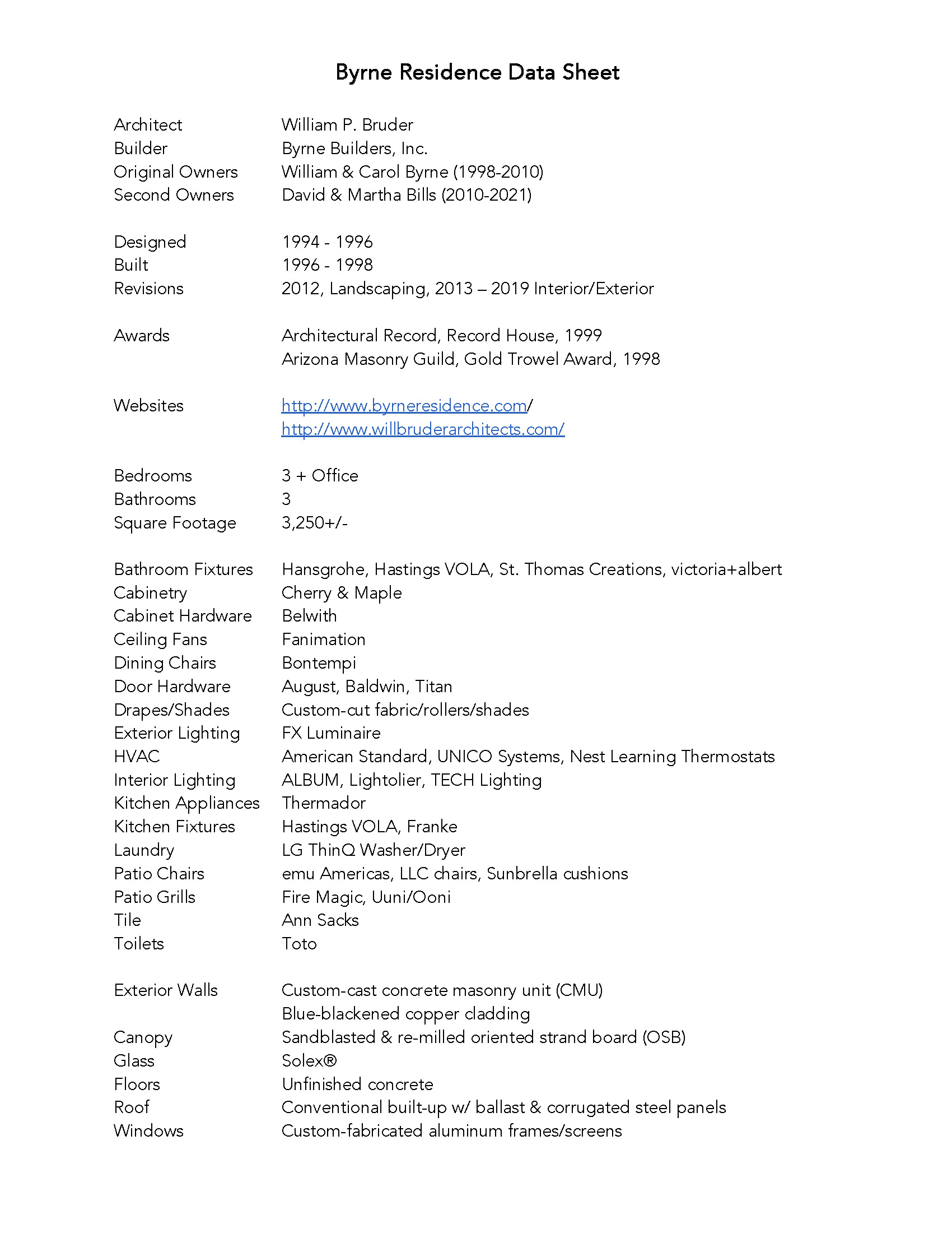 Byrne Residence Data Sheet